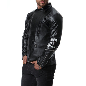 European men’s locomotive multi zip printing leather jacket