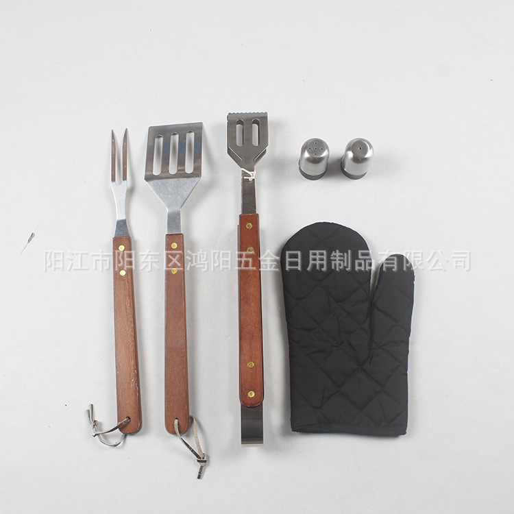 Acero inoxidable barbacoa parrilla al aire libre barbacoa herramientas 6-piezas conjunto mango de madera barbacoa traje barbacoa al aire libre combinación parrilla