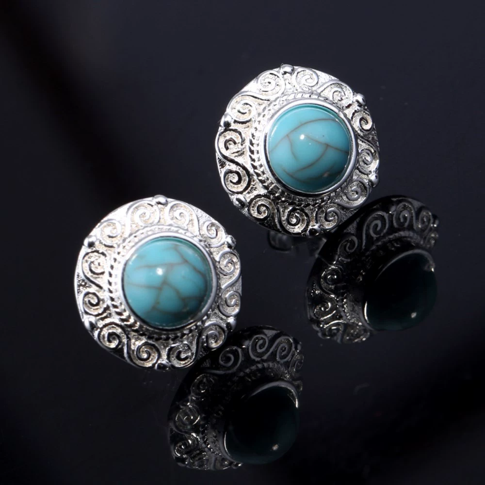 Новые инкрустированные бирюзовыми серебряными серьгами классические круглые бирюзовые винтажные женские серьги желаний