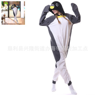 Manufacturer's High-quality Polar Fleece Hooded Cartoon One-piece Pajamas Gray Penguin Performance Home Clothes Are in Stock