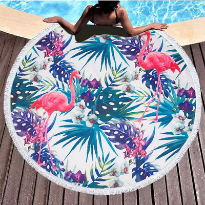 厂家生产圆型沙滩垫直径150CM超细纤维沙滩巾火烈鸟图案带流须