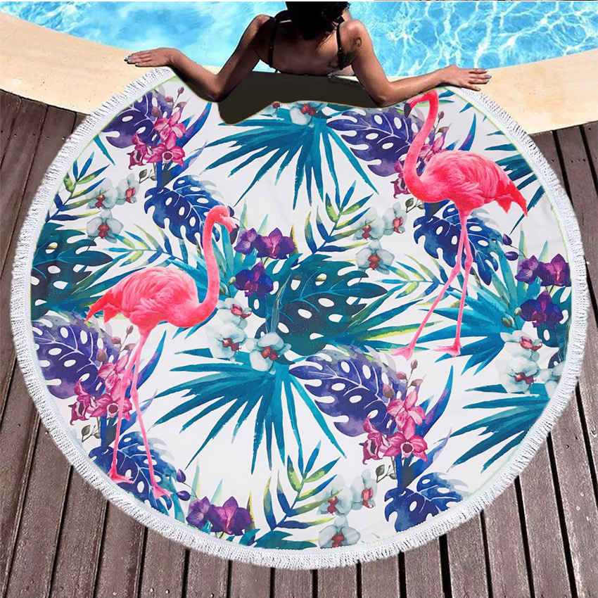 厂家生产圆型沙滩垫直径150CM超细纤维沙滩巾火烈鸟图案带流须