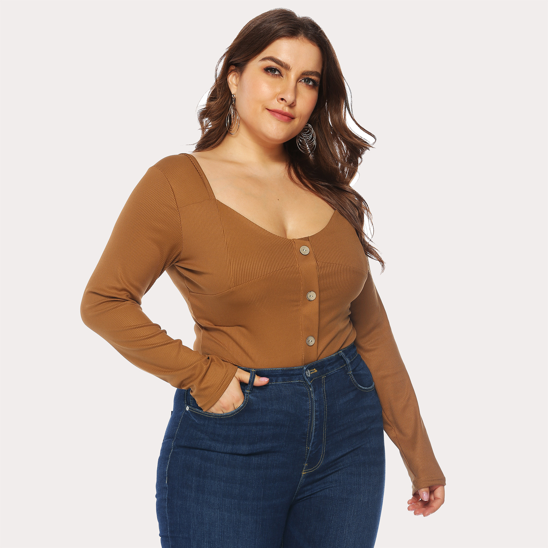 Plus size V-neck button front bodysuit NSOY46001