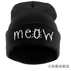 外貿貨源 歐美針織帽Meow 針織帽 貓咪毛線帽街舞嘻哈保暖套頭帽
