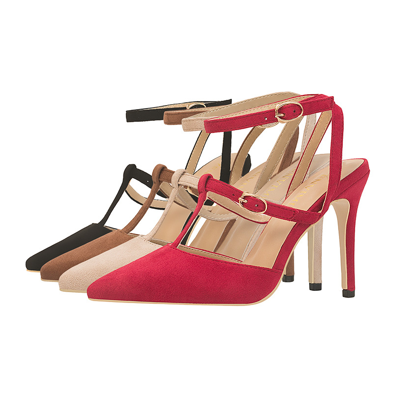 9219-76 Korean version of fashion simple, pure and fine with high heel, shallow, suede, pointed, hollow, with a pair of sandals.