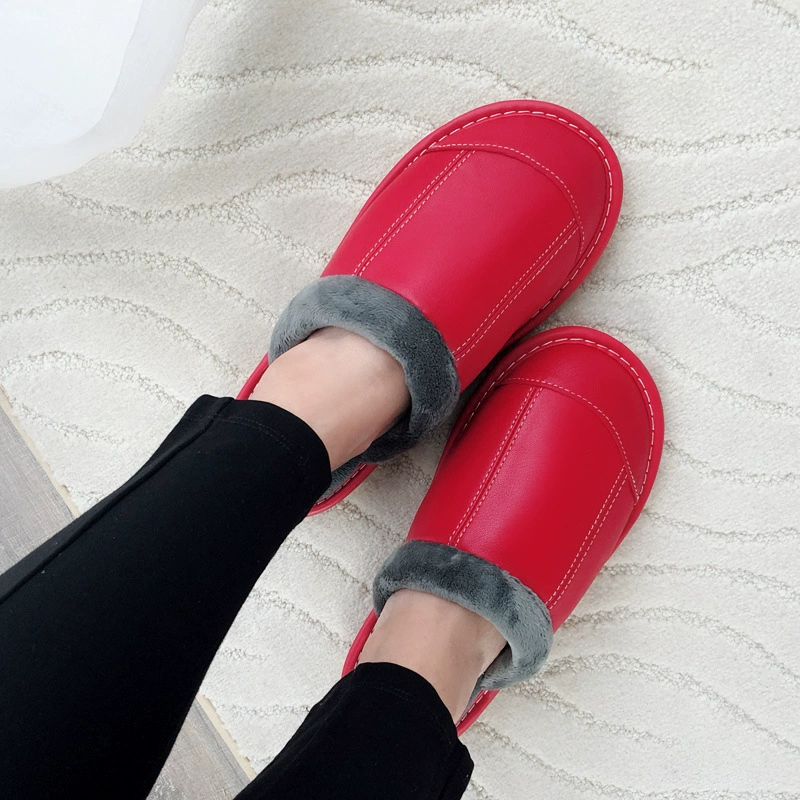 Новая осенне-зимняя домашняя обувь из натуральной кожи, домашние тапочки из овчины, домашние хлопковые тапочки, Нескользящие теплые для мужчин и женщин