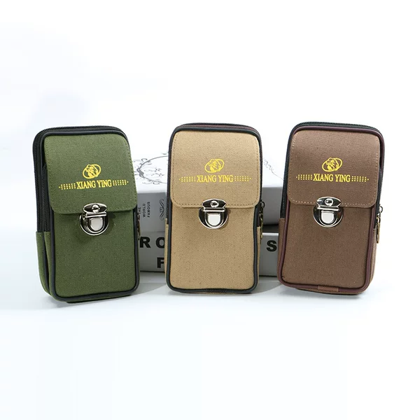 2020 Men's 6inch Casual Vertical Mobile Phone Waist Bag Washed Canvas Stripe Buckle Mobile Phone Bag Direct Sale Lock Buckle