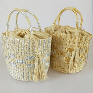 New INS Gold and Silver Bucket Braided Straw Bag Handbag Single Shoulder Bag Hand Braided Straw Bag Beach Bag