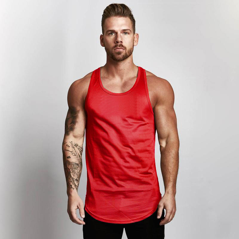 En blanco de malla slim fit fitness chaleco hombres europeos y americanos arco dobladillo deportes gimnasio base transpirable de secado rápido chaleco image 6