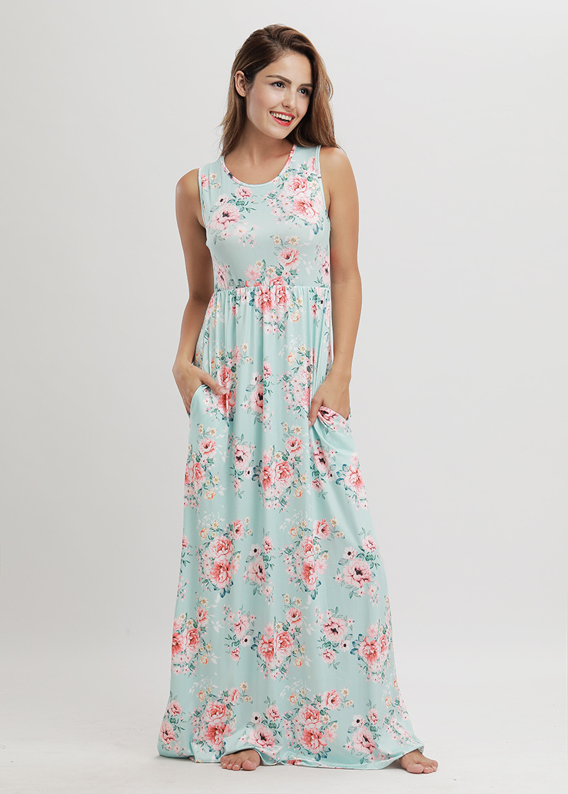 Summer Floral Print Maxi Dress Sleeveless Round Neck Beach Style Wholesale Available custom packaging