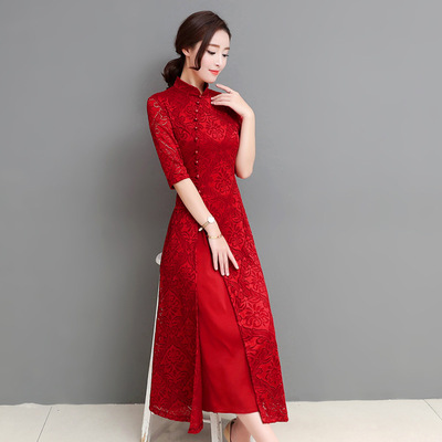 Red green silver lace chinese dress oriental qipao for women cheongsam dress Chinese style improved daily cheongsam