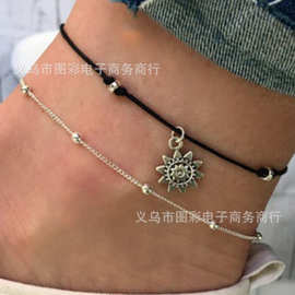 欧美新品 女士太阳花编织多元素吊坠礼品简约套装太阳铜珠脚链