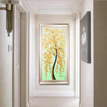 厚油刀画金钱树玄关装饰画竖版有框简约艺术油画欧式仿浮雕壁画