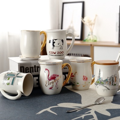 新品北欧陶瓷杯办公室马克杯牛奶咖啡花茶杯家用带盖勺可定制logo|ms