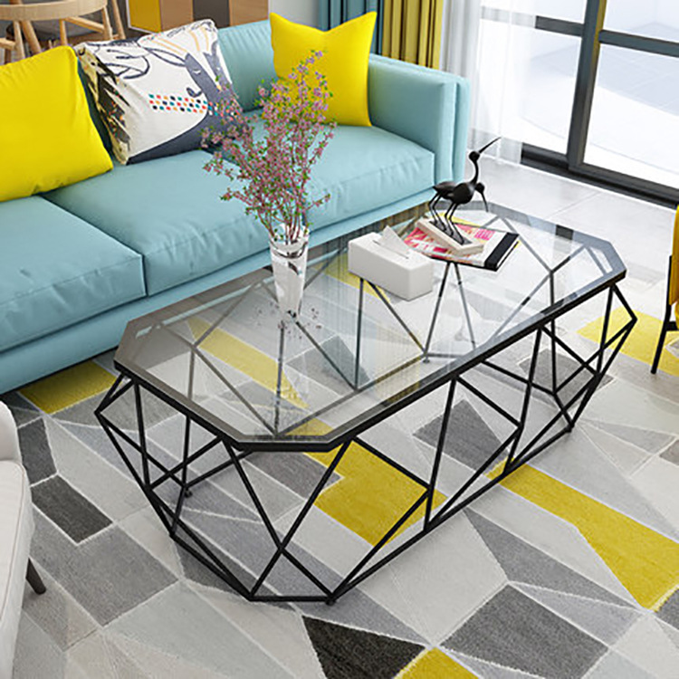 现代简易铁艺长方形玻璃茶几多边形几何艺术小茶桌客厅置物小桌子