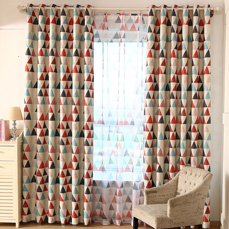 廠家直銷客廳書房臥室窗簾布 幾何花型熱浪三角遮光印花窗簾促銷