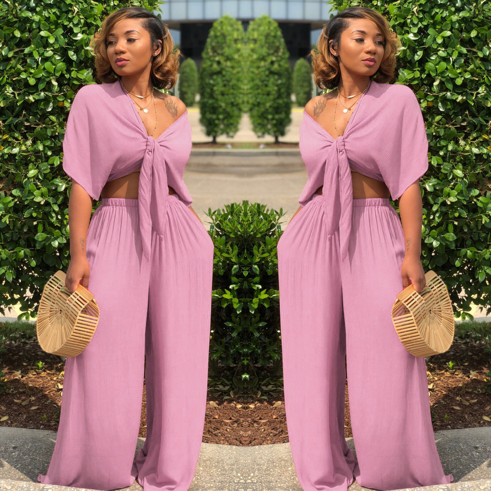 A7003 Sexy European and American Strappy Deep V Wide-Leg Pants Two-Piece Nightclub Outfit A7003 Sexy European and American Strappy Deep V Wide-Leg Pants Two-Piece Nightclub Outfit