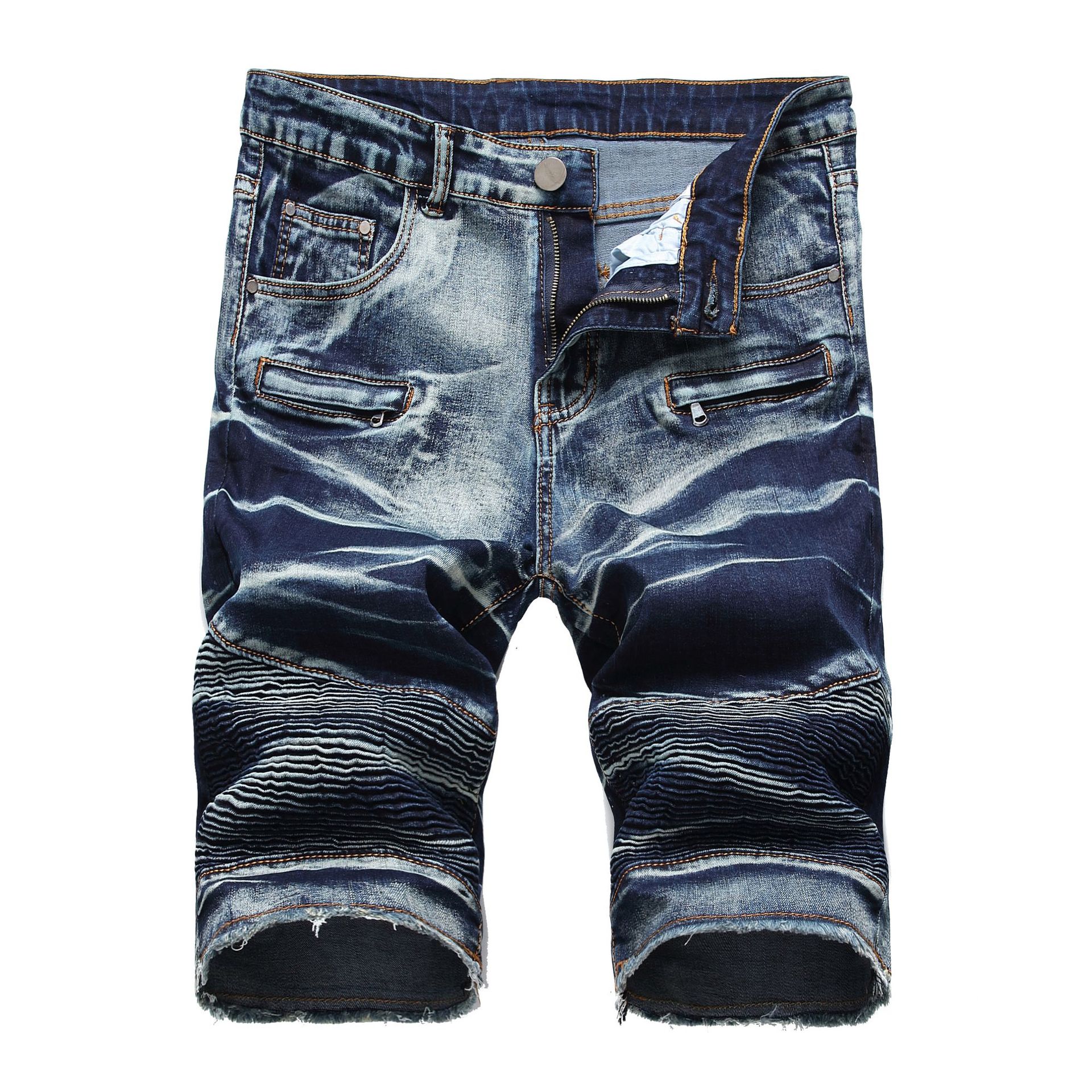 Men Short Jeans Designs 2026.男士外贸牛仔短裤机车拉链打皱男装牛仔弹力中裤五分裤亚马逊-阿里巴巴