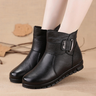 冬季真皮新款中老年妈妈加绒保暖棉鞋粗跟高跟女式棉鞋高帮棉靴子