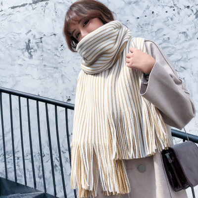 韓版毛線圍巾女冬季加厚素色雙面條紋日系小清新學生百搭情侶圍脖