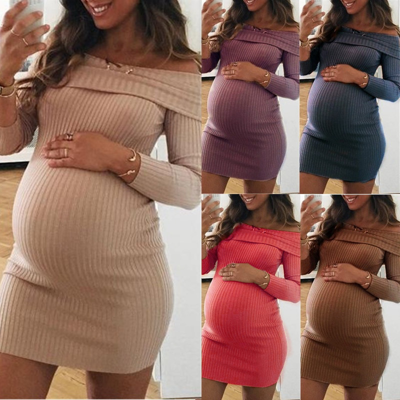 Vestido de maternidad de 5 colores Otoño Invierno vestido de embarazo ropa para mujeres embarazadas nueva ropa de momia Sexy de manga sin hombros|Vestidos| AliExpress