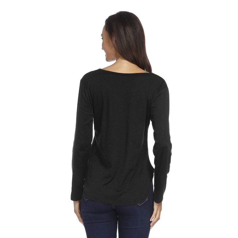 Sexy Deep V Irregular Hem T Shirt Button Pocket Detail Autumn Winter Fashion Top Wholesale Available