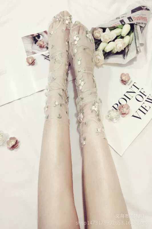 Embroidered Floral Mesh Socks, Spring–Summer Sheer Gauze, One Size (Black/White)