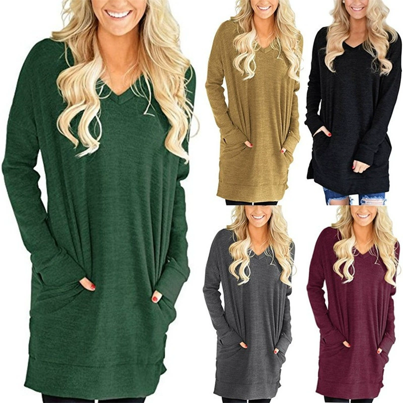 Популярная на Amazon AliExpress WISH новая свободная футболка с длинным рукавом и V-образным вырезом и карманом в европейском и американском стиле, женская одежда с разрезом