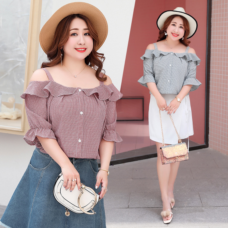 时尚大码格纹上衣 2019夏季露肩都市休闲大码女装一件代发k408|ru