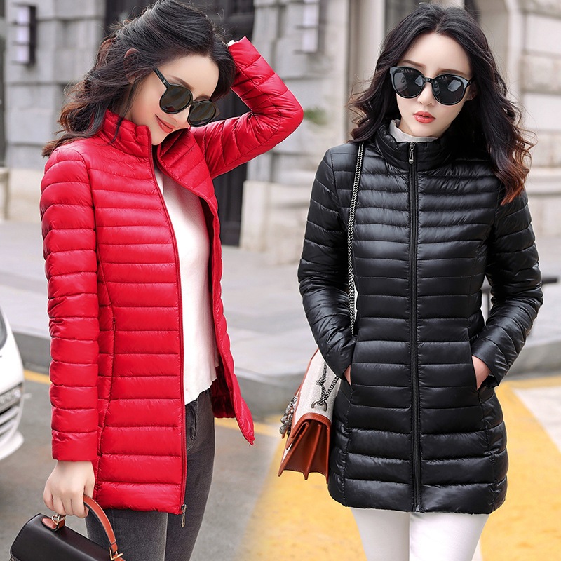 Chaqueta larga ligera de plumón para mujer — estilo coreano ajustado, cálida y elegante para invierno