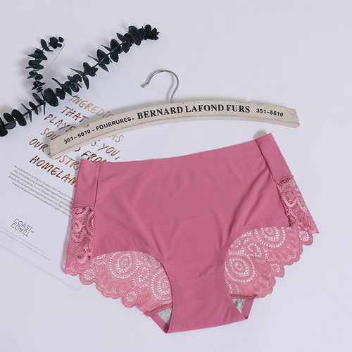 Women's Seamless Underwear Summer Feminine Ice Silk Fabric Lace Breathable Mid-waist Cotton Briefs