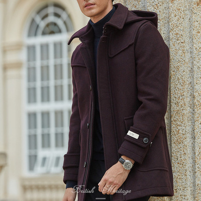 18年冬季新款100%纯羊毛呢大衣男外套中长款韩版修身纯色