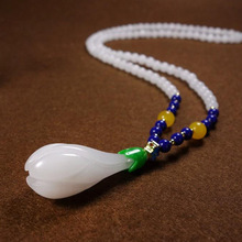 特价金丝玉莲花挂件新疆白玉双面莲花吊坠荷花项链女款毛衣链