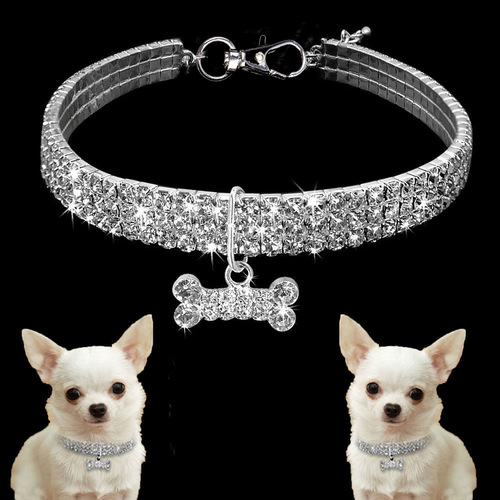3-row Rhine stone elastic pet collar dog leash cat crystal collar pet supplies small dog accessories tag