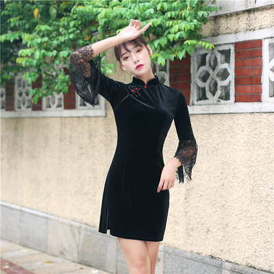 Hong Yun Autumn new pattern sexy black velvet have cash less than that is registered in the accounts cheongsam fashion Self cultivation Improvement daily have cash less than that is registered in the accounts cheongsam