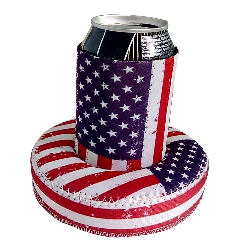 工厂定制美国旗水上杯套 潜水料热转印飘浮啤酒罐杯套logo