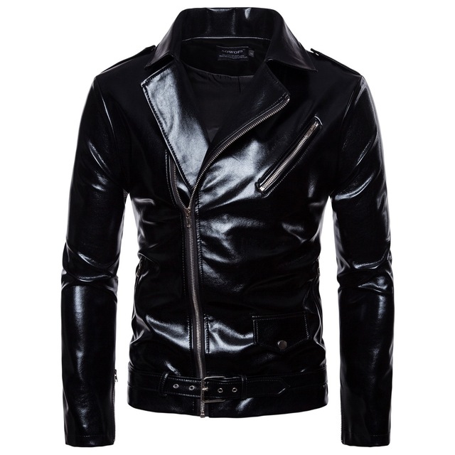 European and American trend locomotive leather coat in autumn with bright black leather jacket