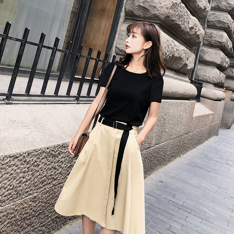 2018夏新款女装套装韩版休闲短袖T恤高腰半身裙两件套