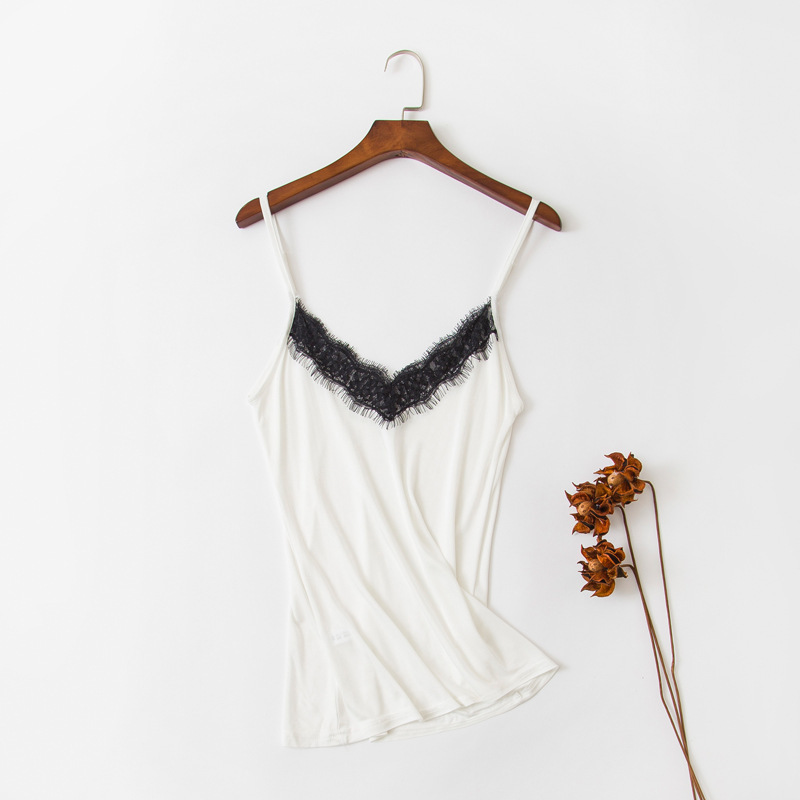 Wholesale Silk Summer Base Shirt Solid Color Eyelash Lace V-Neck Small Camisole Women Thin Silk Top