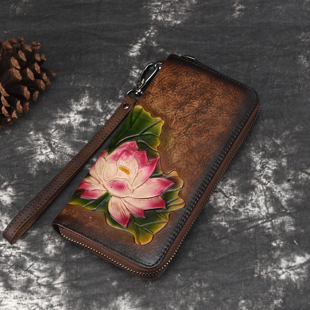 New Tree High Leather Wallet Handmade Colored Fashionable Handheld Headband Layer Cowhide Zipper Bag Handbag_voghion.com