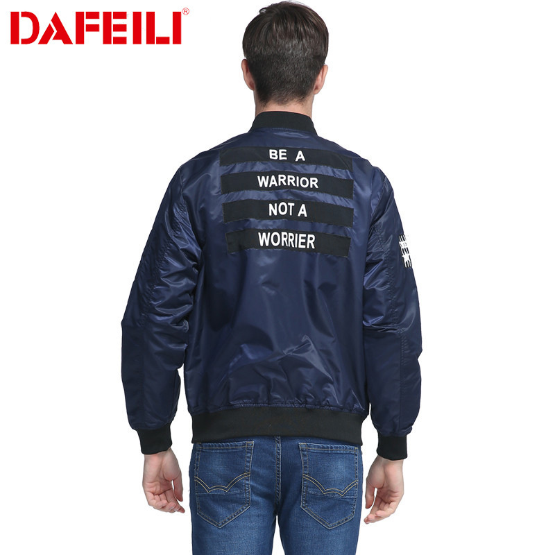 DAFEILI MA-1 Bomber Jacket Polyester Rankine Boyfriend Letter Dark Blue Unisex Junior Jacket