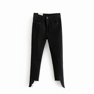 Fashion Euro-American high waist irregular trimmed jeans trousers