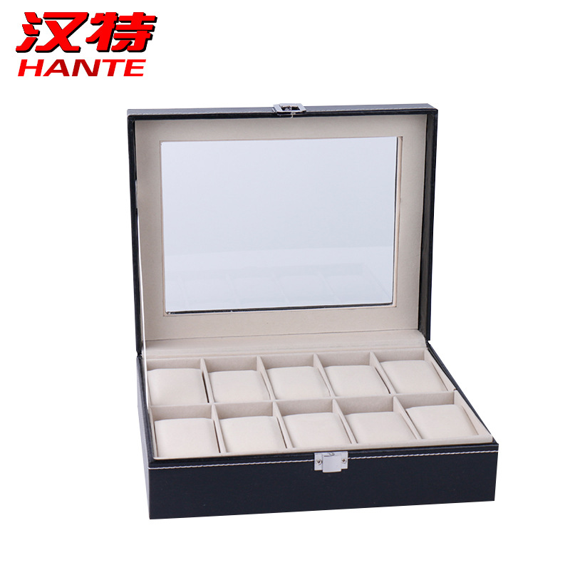 经典黑色皮革10位手表盒 首饰手表展示收纳盒 黑色手表收纳盒子