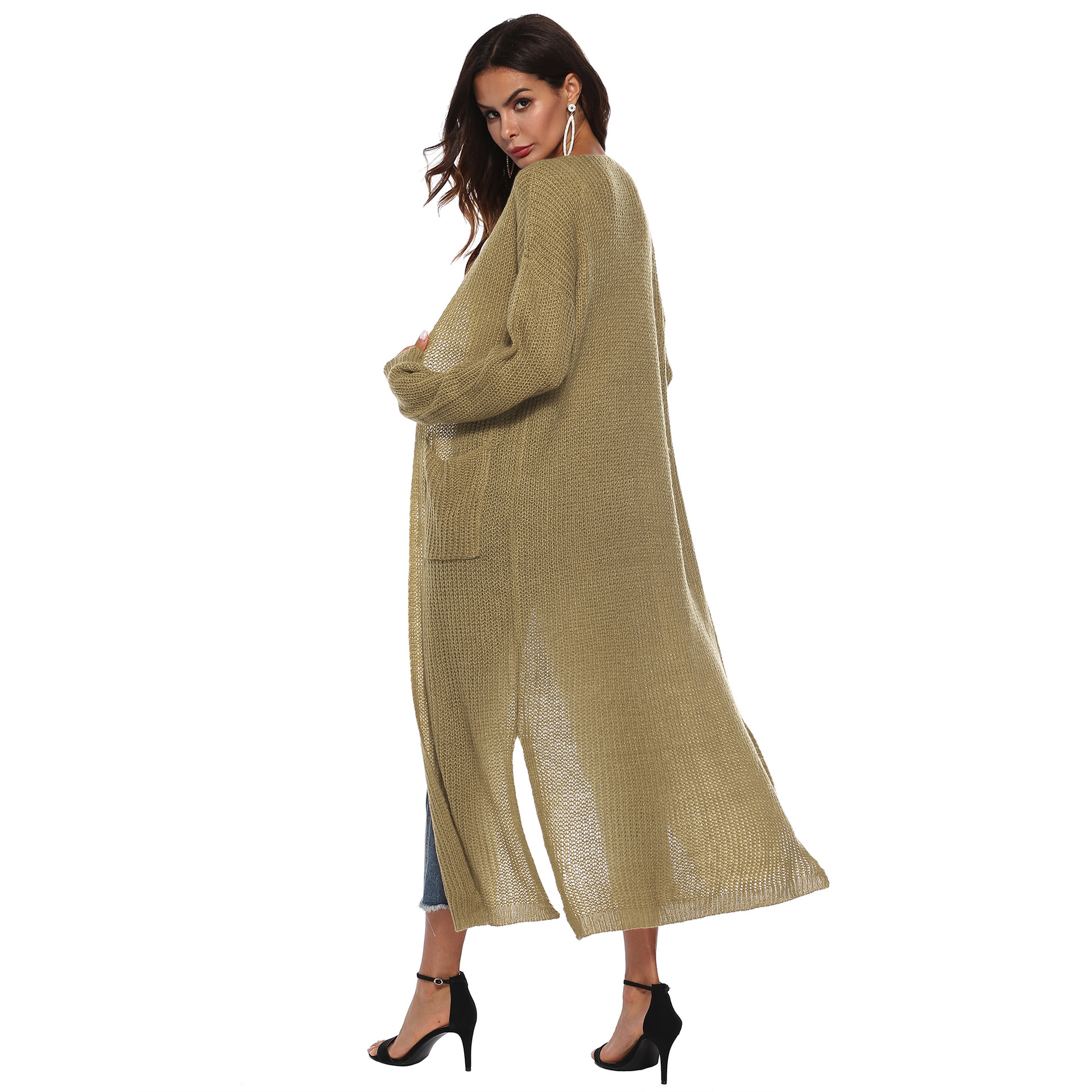 open-fork big pocket knit long thin coat NSOY28458