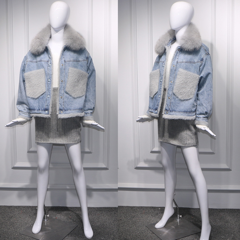 2018 Winter clothes new pattern Korean Edition Washed denim Short coat Real fur collar coat Inside thickening Plus gross coat