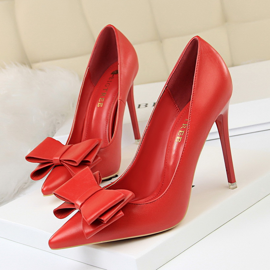 9511-18 Korean Style Fashion Sweet High Heels Thin Heel Elegant Slimming Shallow Mouth Pointed Toe Bowknot Single Shoes_vogvips.com