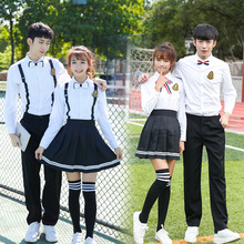 毕业班服 韩版学院风中学生校服假背带衬衣百褶裙套装情侣款 代发