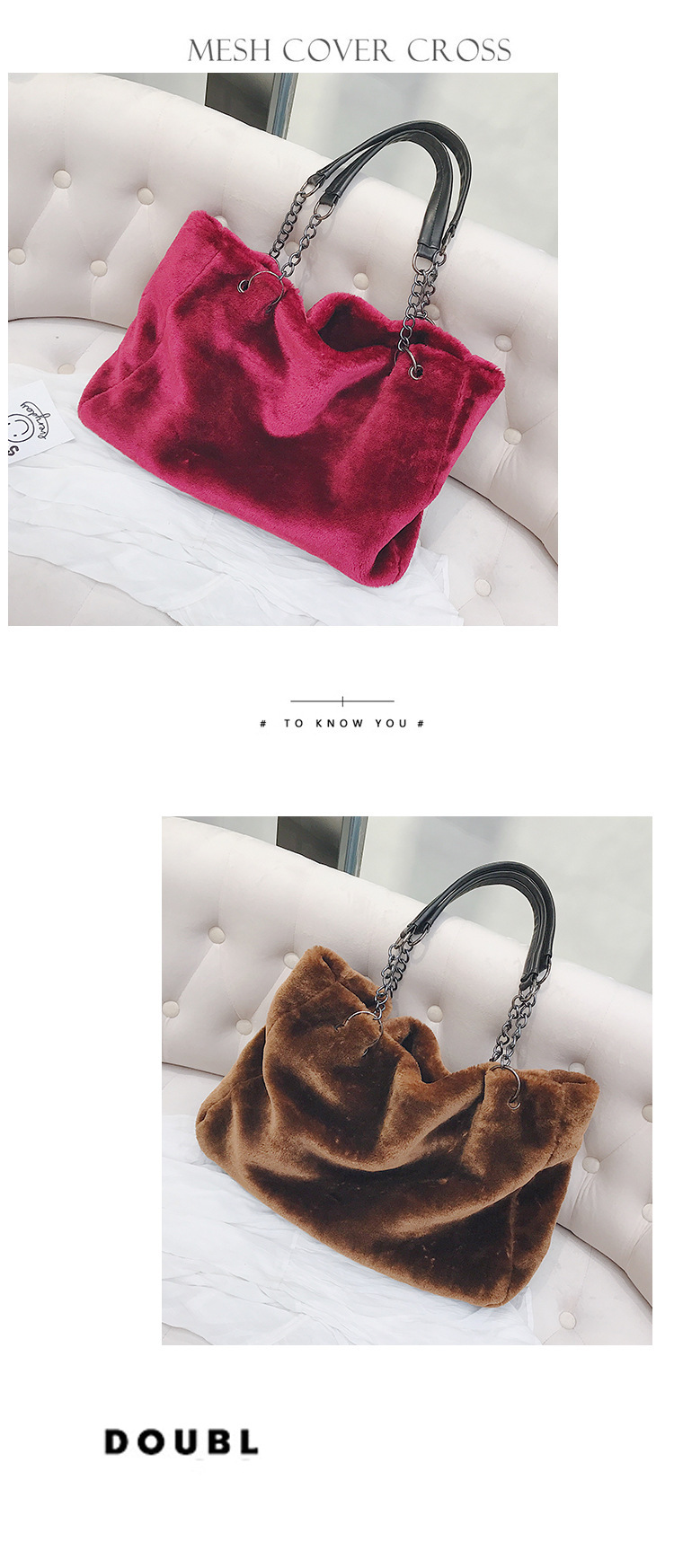 331g Weight Polyester Lining Material Zipper Closure Type Plush Material Solid Color Pattern Vintage Style Style Square Shape Grey, White, Red, Black Color Large Size New Plush   Fashion Plush Big  Shoulder Bags 7