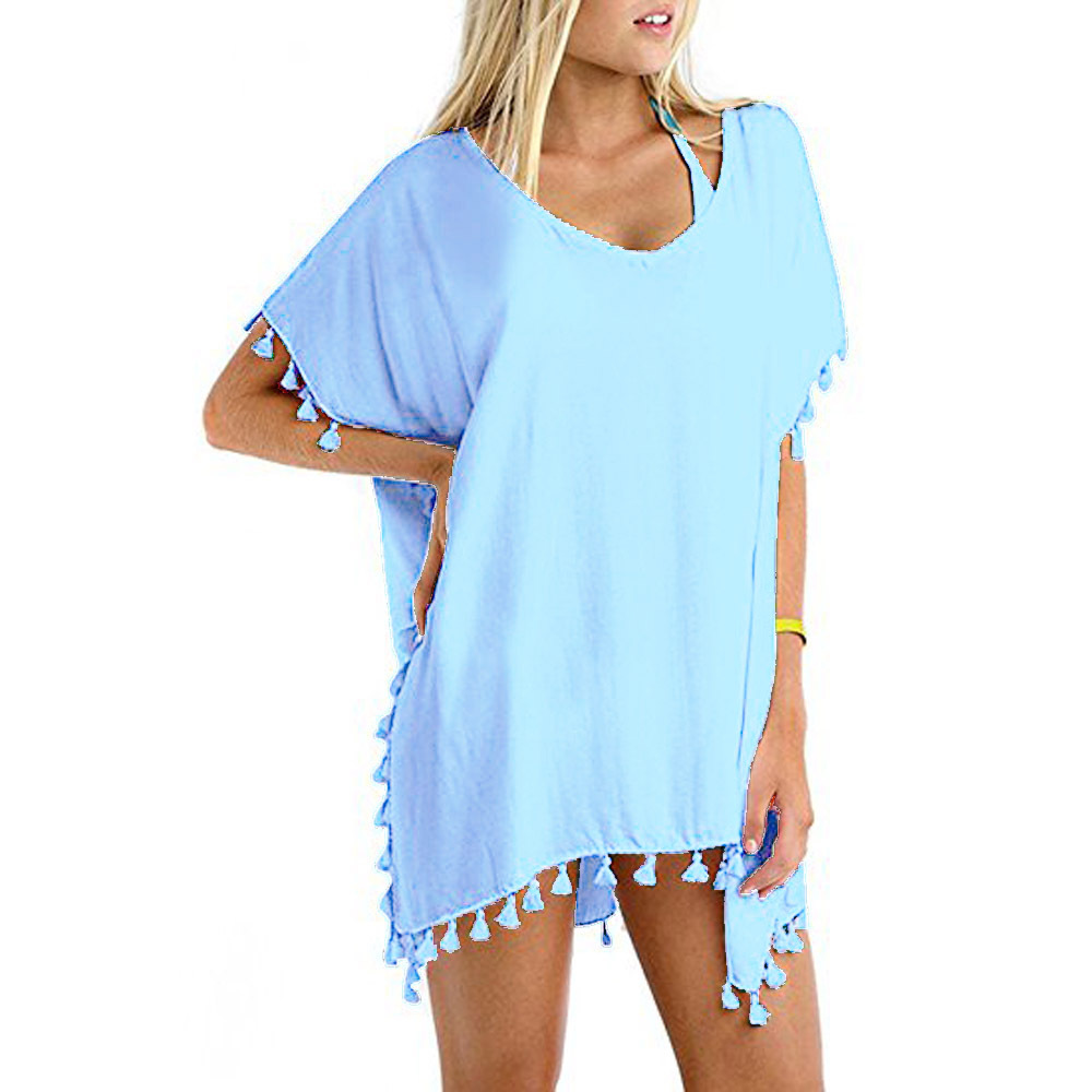 new solid color tassel stitching loose V-neck beach blouse  NSOY26726