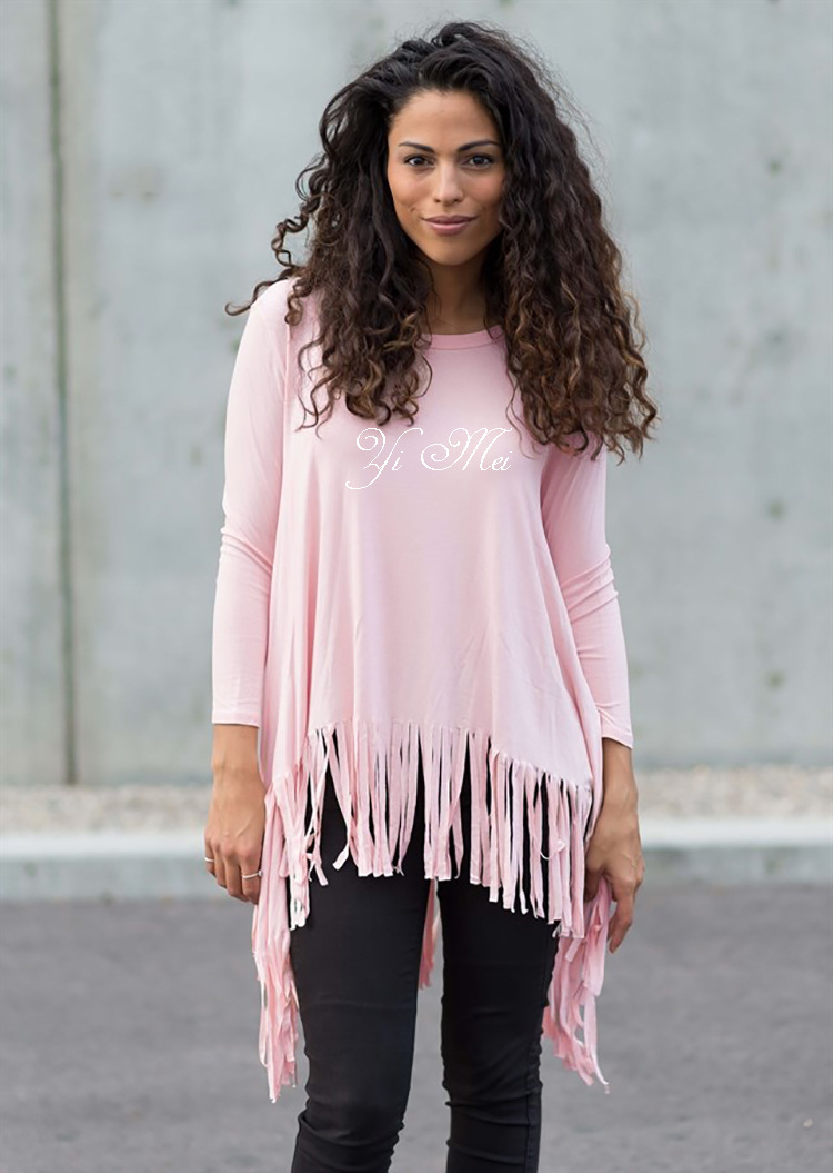 Womens Long Sleeve Irregular Hem T Shirt Spring Collection Fringe Detail Casual Style Wholesale Available